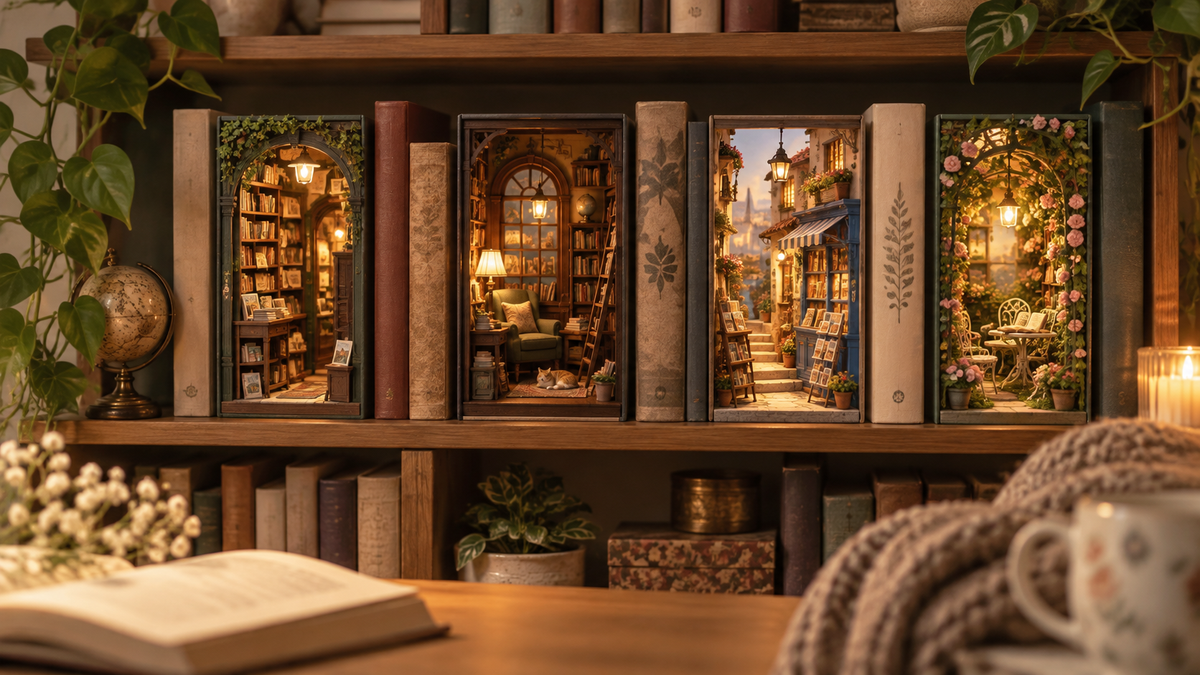 Warm bookshelf display with several illuminated book nook scenes