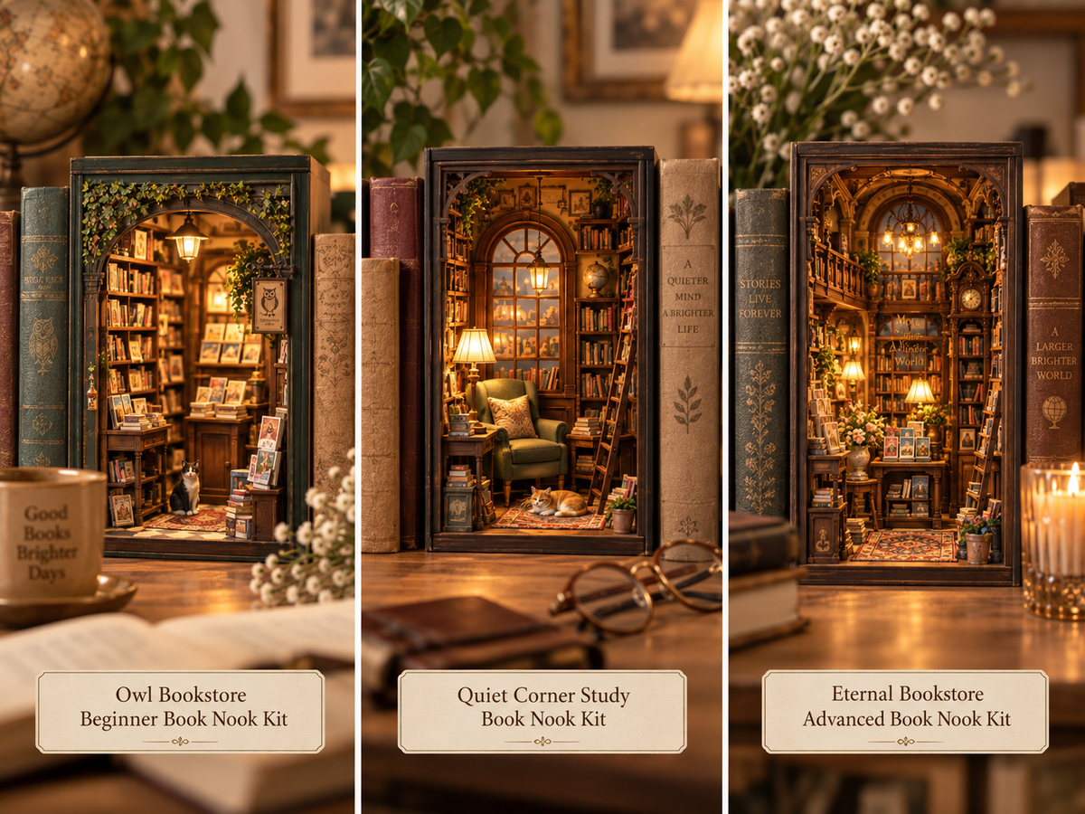 Three cosy book nook styles arranged as creative miniature displays