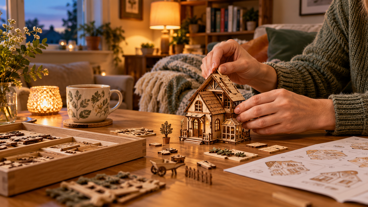 Adult assembling a wooden miniature model during a cosy screen-free evening at home