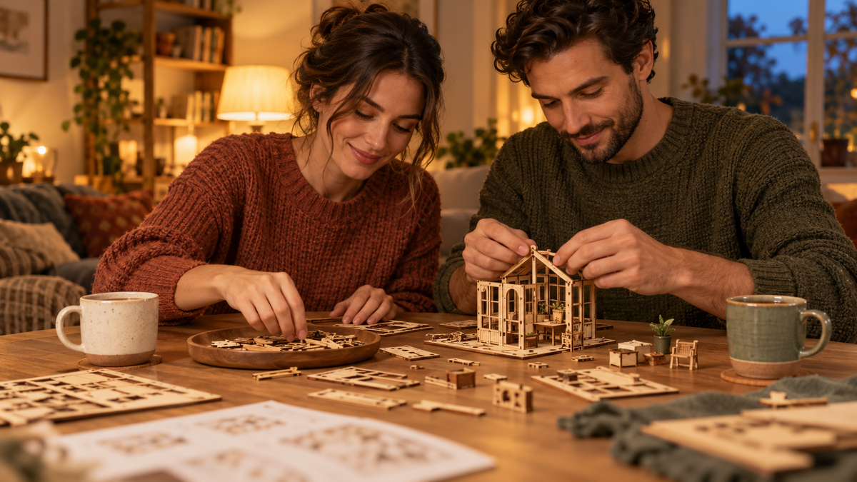 Couple building a wooden miniature together during a cosy evening at home