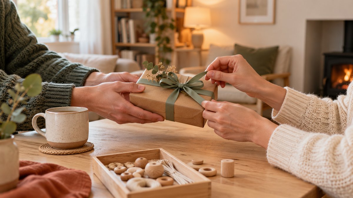 Two people exchanging a small creative gift in a calm uncluttered home