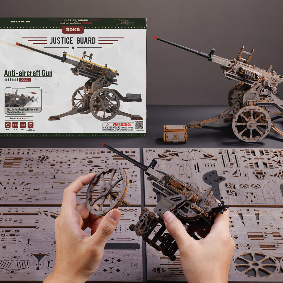ROKR Anti-Aircraft Gun Wooden Model Kit official detail view 6