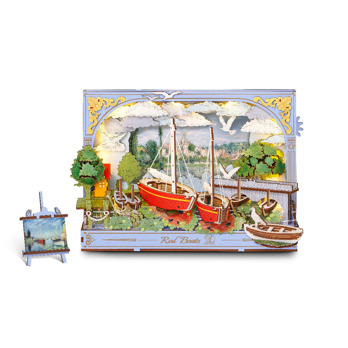 Rowood Red Boats Wooden Wall Art Kit completed product view