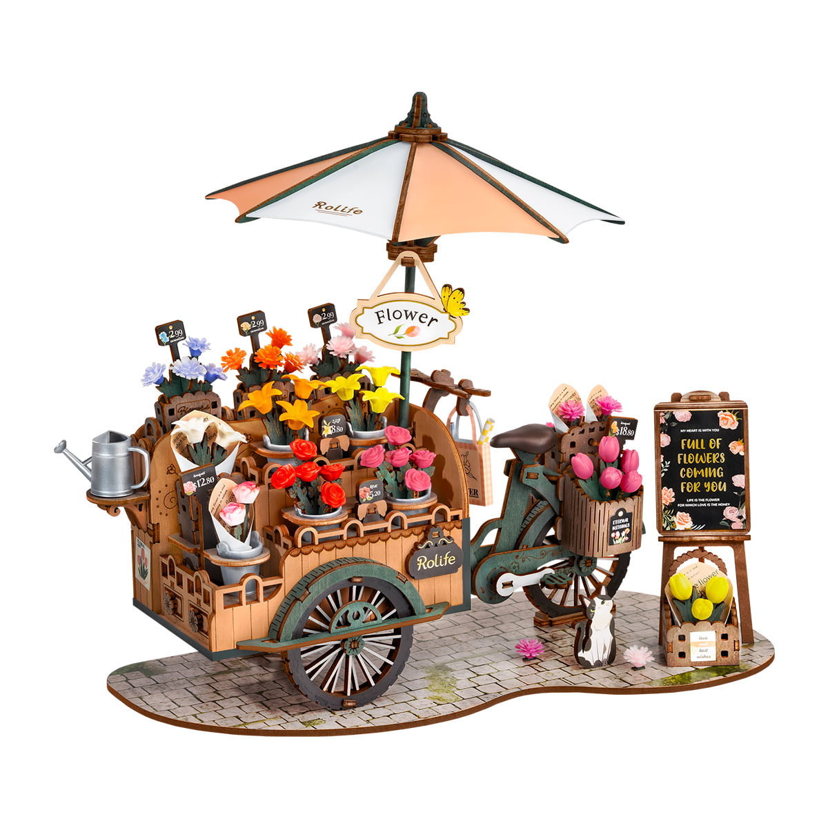 Rolife Blossom Cart Wooden Model Kit completed product view