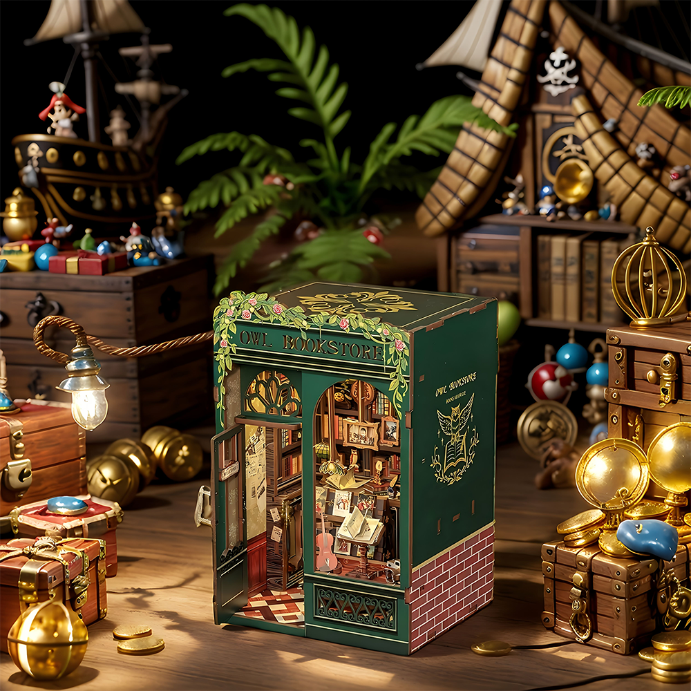 Owl Bookstore miniature in a decorative desk scene