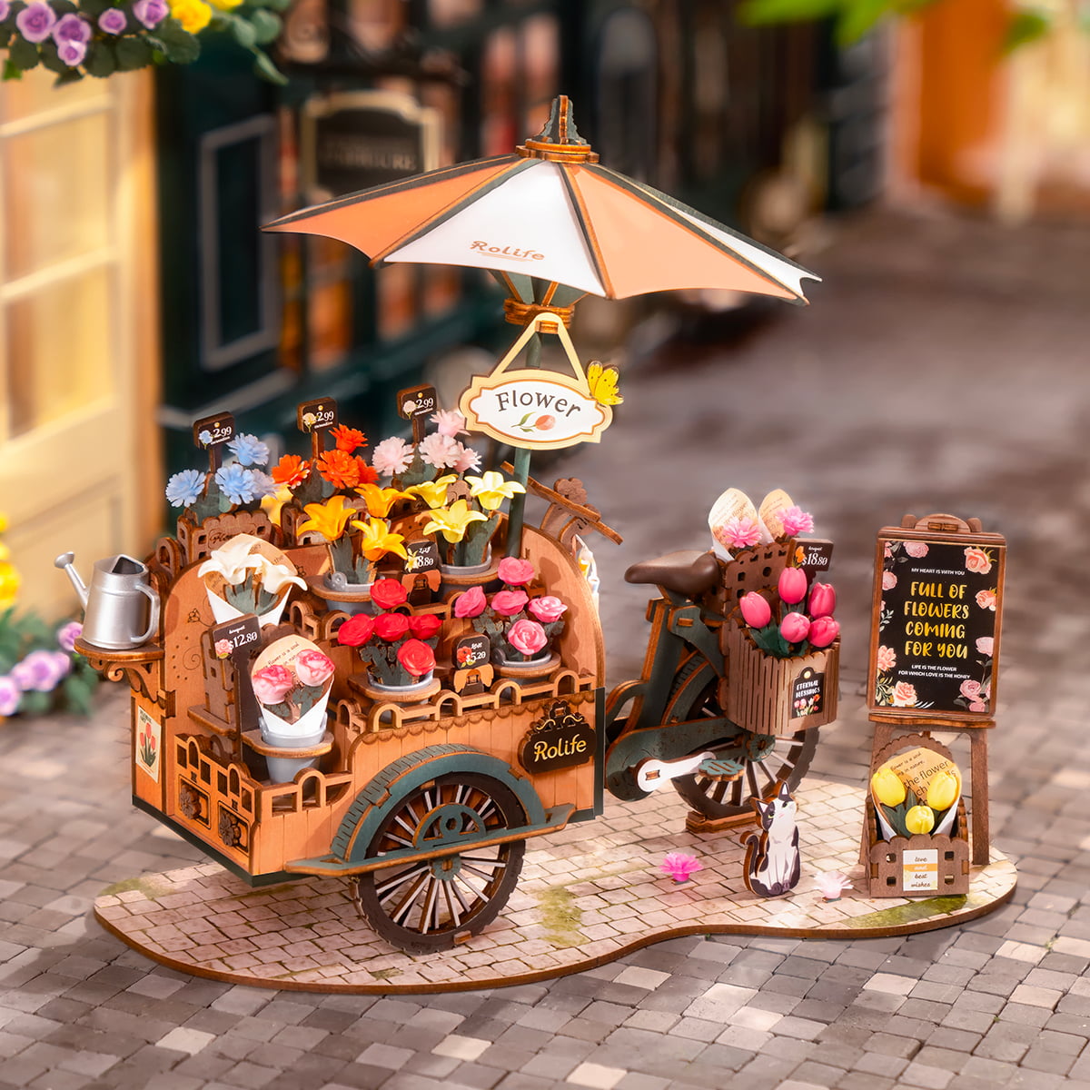 Rolife Blossom Cart Wooden Model Kit official detail view 2