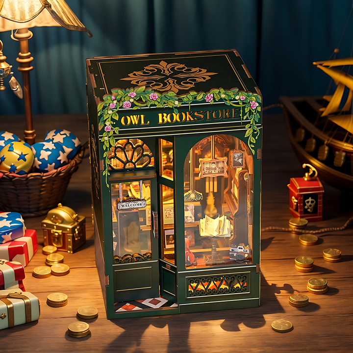 Completed illuminated Owl Bookstore book nook