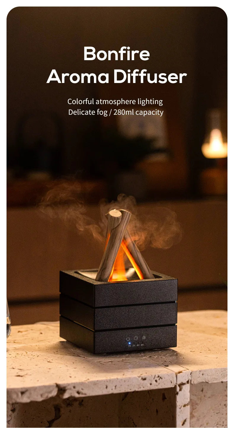 Bonfire Flame Aroma Diffuser glowing on a side table with mist in a warm evening setting