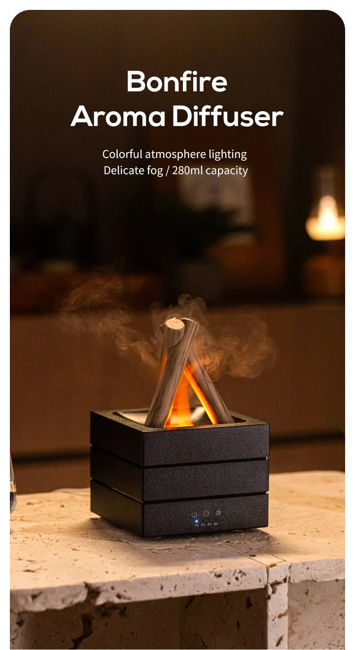 Bonfire Flame Aroma Diffuser glowing on a side table with mist in a warm evening setting