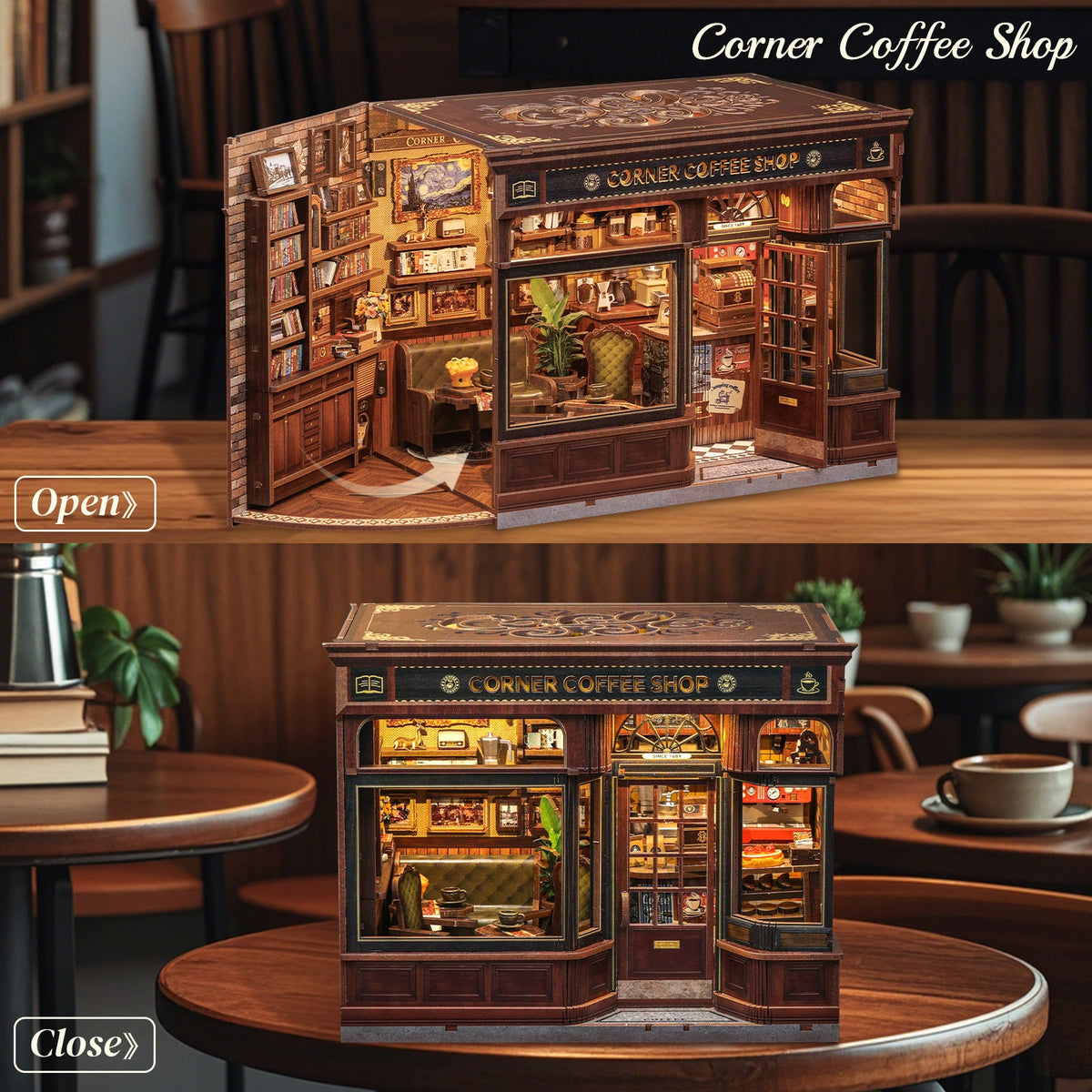 Corner Coffee Shop open and closed display