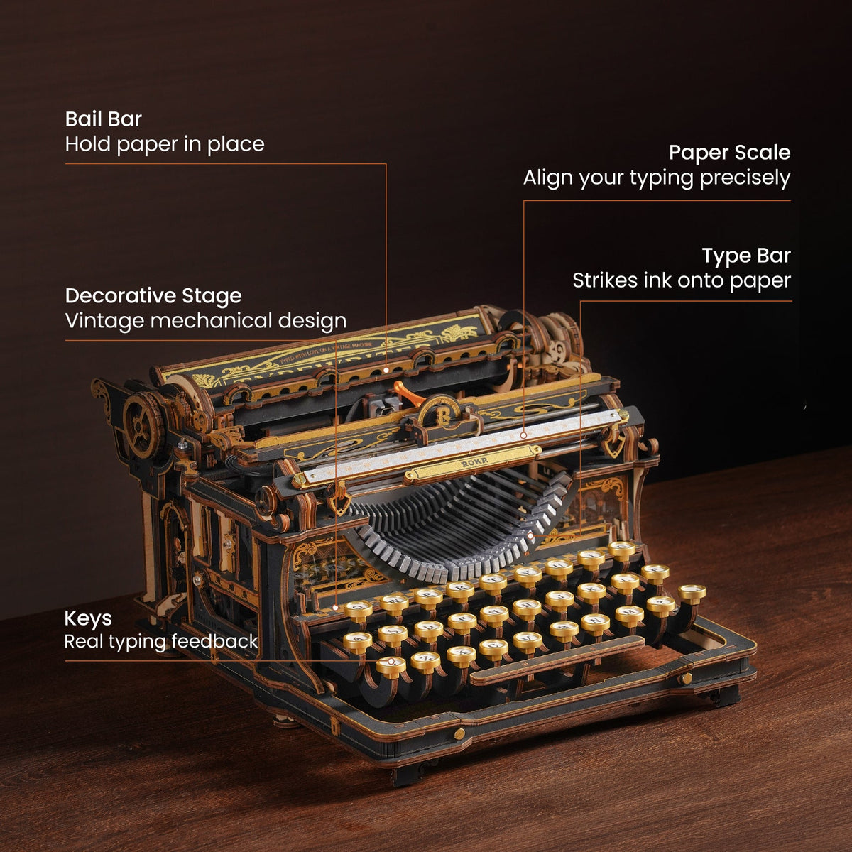 ROKR typewriter mechanical features