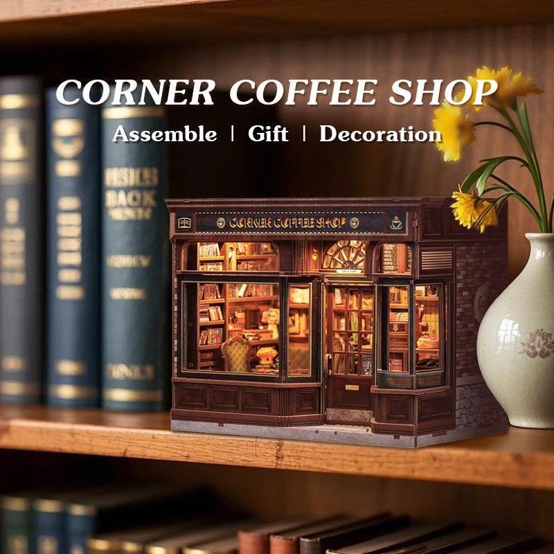 Corner Coffee Shop displayed on a bookshelf