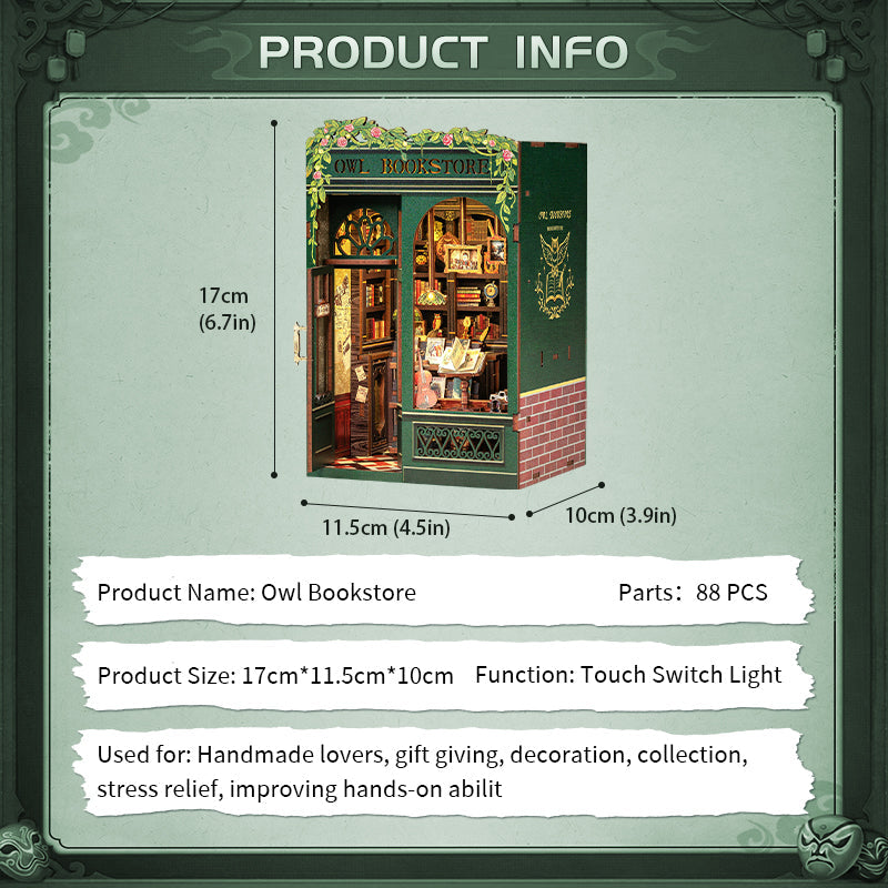 Owl Bookstore finished dimensions and 88-piece specification