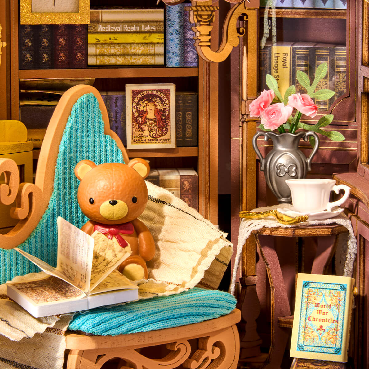 Quiet Corner Study reading chair and bookshelf detail