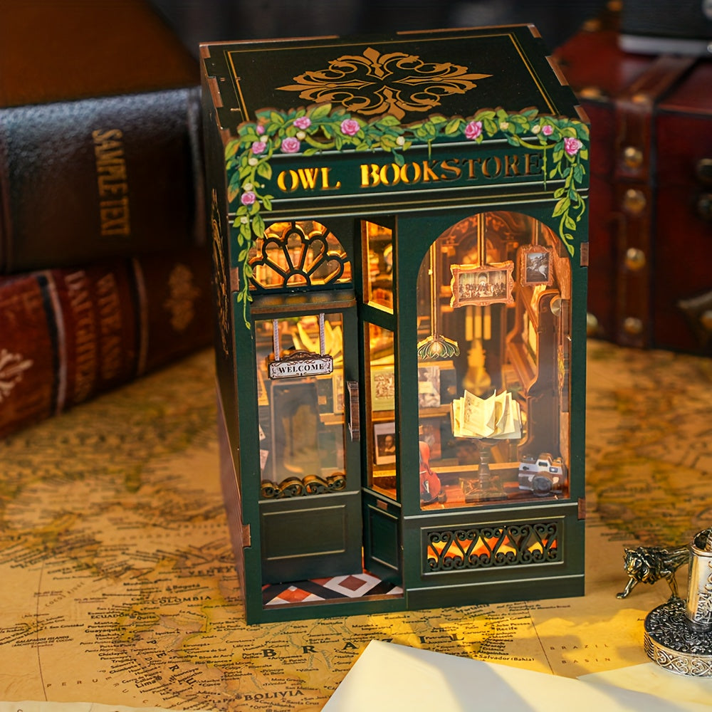 Illuminated Owl Bookstore on a desk