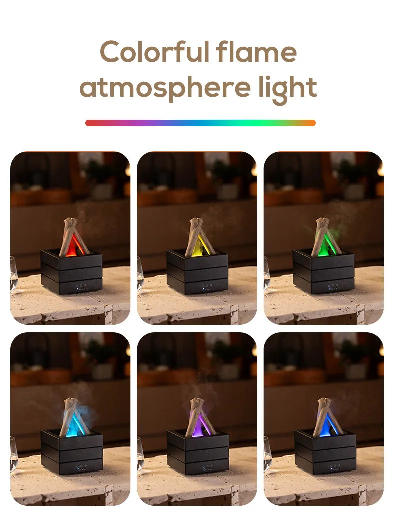 Flame-effect aroma diffuser shown with its LED light glowing in several colours