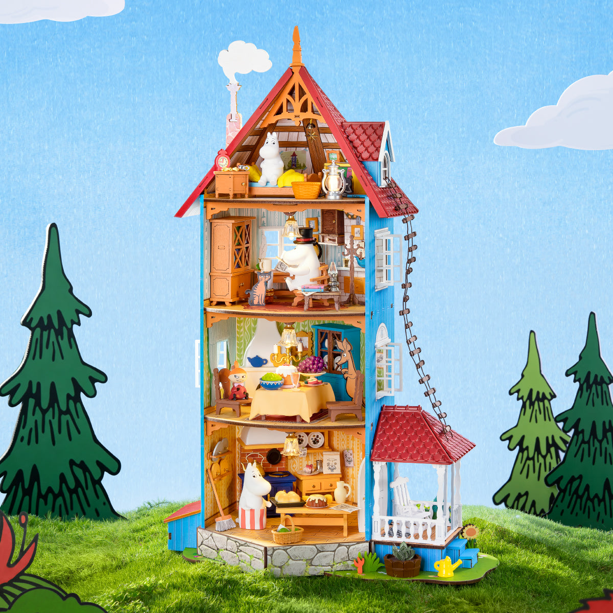 Rolife Moominhouse open interior with Moomin character rooms
