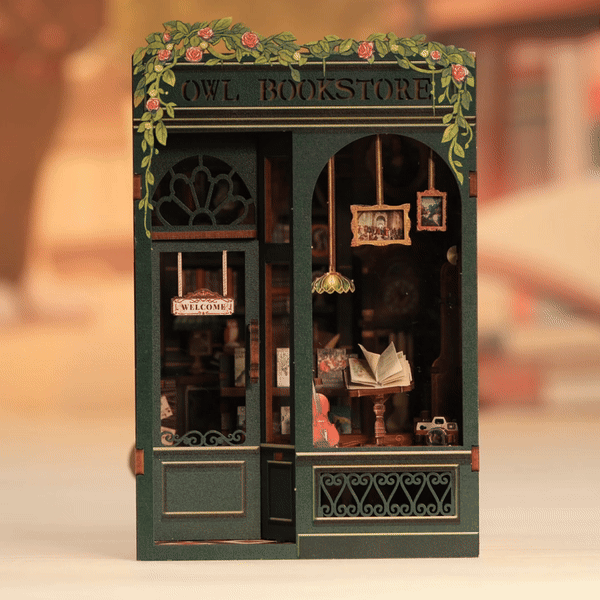 Owl Bookstore front and illuminated interior