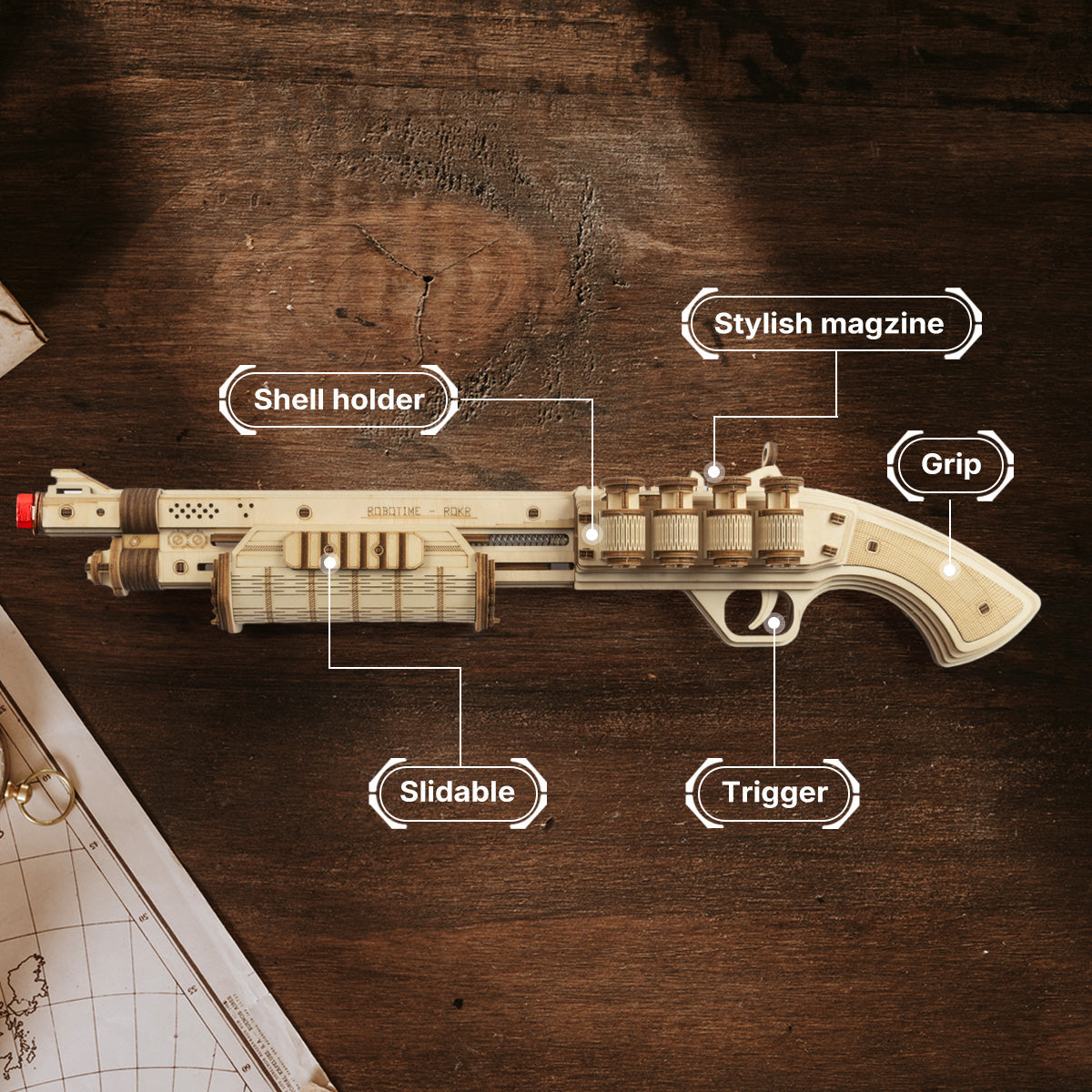 ROKR Terminator M870 Wooden Model Kit official product view 4