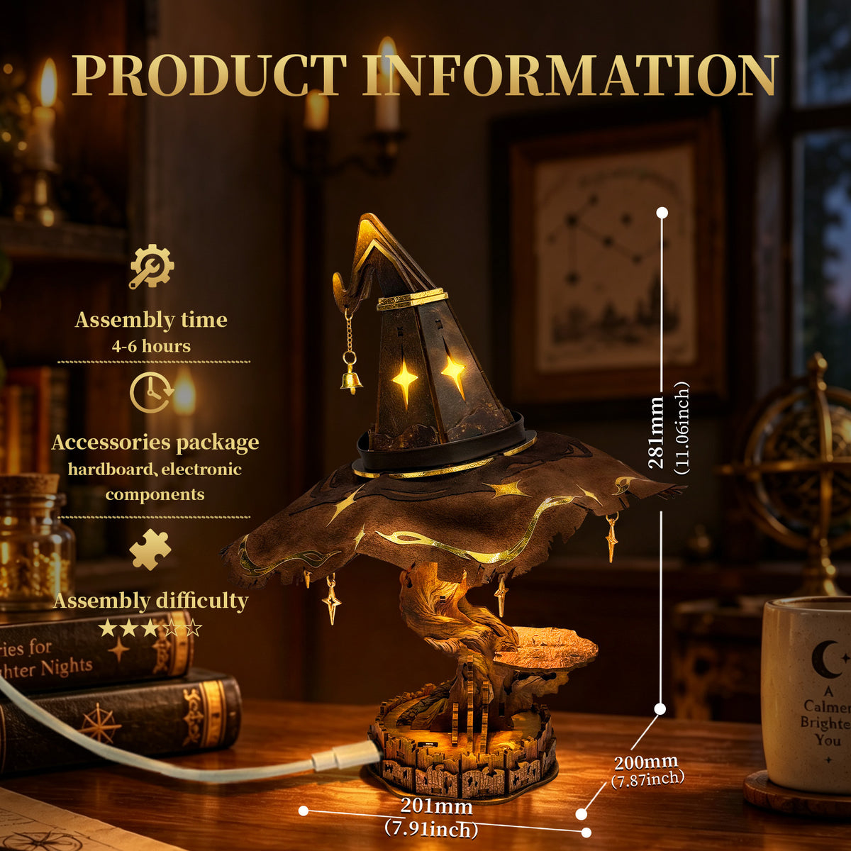 Brighten Glow DIY Wizard Hat Lamp with supplied size and assembly information